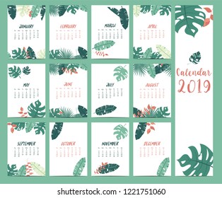 Doodle calendar set 2019 with banana leaf,hibiscus,palm,tree,coconut tree for children.Can be used for printable graphic