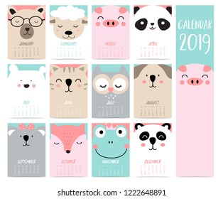 Doodle Calendar Set 2019 Bearpigpandasheepcatowlfoxfogkoala Children ...