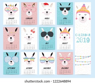 Doodle calendar set 2019 with llama,christmas,glasses,heart,star for children.Can be used for printable graphic 