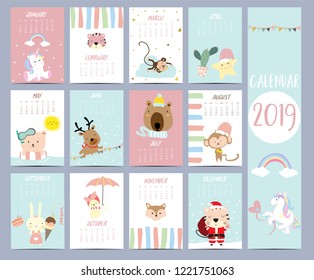 Doodle calendar set 2019 with Santa Claus,unicorn,tiger,monkey,star,cactus,bear,reindeer,rabbit for children.Can be used for printable graphic