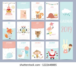 Doodle calendar set 2019 with Santa Claus;christmas tree, bear, squirrel,sloth,fox,owl,llama,monkey,rabbit,flamingo for children.Can be used for printable graphic 