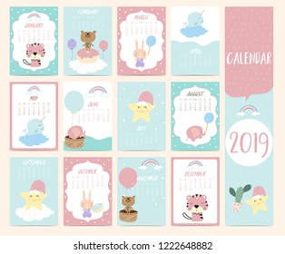 Doodle calendar set 2019 with star,elephant,bear,narwhal,skunk,squirrel,fox,reindeer,duck,cake,rainbow for children.Can be used for printable graphic 