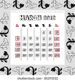 doodle calendar for year 2012, March