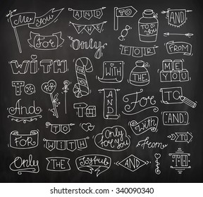 Doodle calligraphic funny catchwords set for romantic design with cute objects. Hand lettering words - and, with, for, from, the, to, only. Hand drawn retro vector illustration isolated on chalkboard.