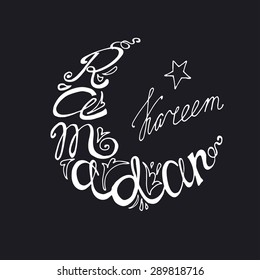 Doodle calligraphy text Happy Ramadan Kareem in moon shape, arabic  islamic holy month of muslim community, Ramazan-ul-Mubarak celebration.Vector linear lettering  silhouette on night sky. Greeting card