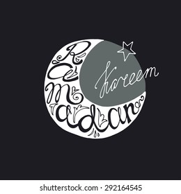 Doodle calligraphy text Happy Ramadan Kareem in moon shape with arabic  islamic holy month of muslim community, Ramazan-ul-Mubarak celebration.Vector lettering  silhouette on night sky.Greeting card