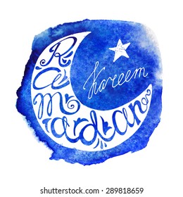 Doodle calligraphy text Ramadan Kareem in moon shape, watercolor blue splash. Arabic  islamic holy month of muslim community, celebration greeting card. Vector lettering Black silhouette