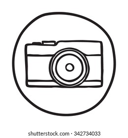Doodle Camera icon. BInfographic symbol in a circle. Line art style graphic design element. Web button. Photography, taking pictures concept. 
