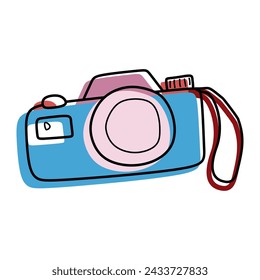 Doodle-Kamera-Symbol mit Farbformen. Vektor-Grafik-Element für Website isoliert auf weiß. Fotografie Gadget, Paparazzi-Gerät, Inventar, Speicher für Tourismus und Reisen. Cartoon Kreativität und Kunst.