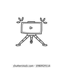 doodle a camera and tripod with a line.  white background.