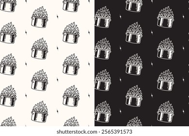 doodle campfire barrel seamless pattern on black white background for camping adventure merchandise.  retro bonfire with drum pattern background. pattern of bale fire with keg vector background