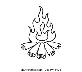 Fogata de Doodle para campamento. campamento de fuego de contorno, fogata dibujada a mano para actividades al aire libre. Ilustración vectorial