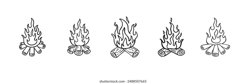 Doodle fogata para campamento. contornear el campamento de fuego, fogata dibujada a mano para actividades al aire libre. Ilustración vectorial