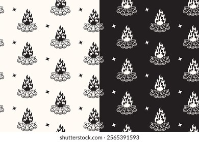 doodle campfire with wood seamless pattern on black white background for camping adventure merchandise.  retro bonfire with timber pattern background. pattern of campfire, bonfire vector background