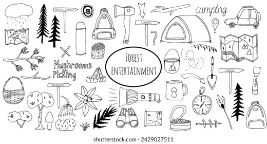 Doodle camping elements set. Camping equipment. Foods, tools, entertainment and outdoor recreation. Monochrome doodle style elements isolated on white background. Hand drawn sketch.