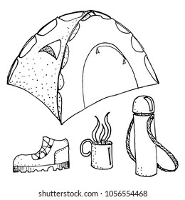 Doodle camping equipment set hand drawn black and white vector illustration