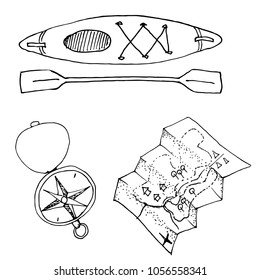 Doodle camping equipment set hand drawn black and white vector illustration