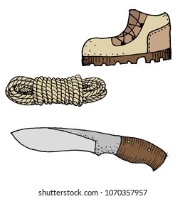 Doodle camping equipment set hand drawn colored vector illustration