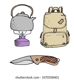 Doodle camping equipment set hand drawn colored vector illustration