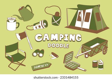 Doodle camping. Hand drawing styles camping items.