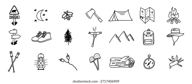 Doodle Icono de camping Dibujo a mano Bon Fire, Carpa Elemento de senderismo salvaje
