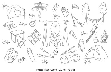 Doodle camping set. Hand drawn outline hiking elements.Vector adventure equipment collection. Outdoor activities concept