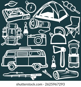  Doodle camping Iconos vectoriales, Camping Doodle Set, conjunto de doodle de viaje, estilo dibujado a mano de vacaciones, conjunto de Doodle de viaje y camping, Camping dibujado a mano 