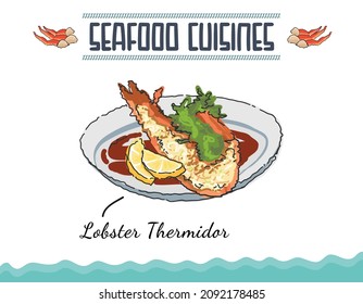 Doodle of Canadian Maine lobster thermidor, Lobster thermidor served with glazed potato and asparagus in a platter. Minimal colored isolated vector illustration.