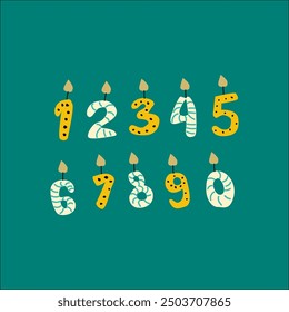 Doodle Candle numbers in hand drawn style with stripes and dots. Simple vector illustration on dark background.