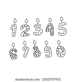 Doodle Candle numbers in hand drawn style with stripes and dots. Simple vector illustration.