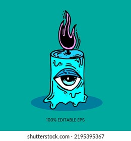 Doodle candle with one eye illustration, quirky art. cute retro drawing, grunge hat, happy christmas, freehand design