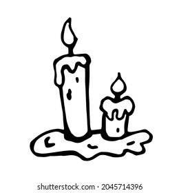 Doodle candles. Burning candle with black line. Simple vector illustration. Wax candle.