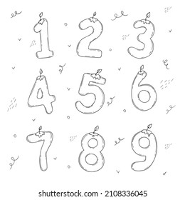 Doodle candles form figures in the style of linear art on a white background. Party decoration. Birthday. Holiday. Vector