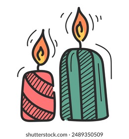 Icono de velas de garabato Vector aislado. Ilustración dibujada a mano de velas verdes y rojas. Elemento de diseño, aromaterapia y decoración del hogar.