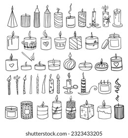 Doodle candles set of different shapes and sizes. Burning aroma candles in glass jars, pillar, jar candle, square, container candle, decorative wax candles for relax and spa. Doodle style