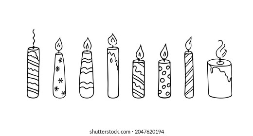 Doodle candles set.Decoration for birthday party or romantic dinner for Valentine's Day.Festive hand-drawn collection candlelight with wick and wax.Elements for creating a special atmosphere.Isolated