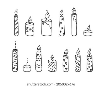 Doodle candles set.Decoration for birthday party or romantic dinner for Valentine's Day.Festive hand-drawn collection candlelight with wick and wax.Elements for creating a special atmosphere.Isolated