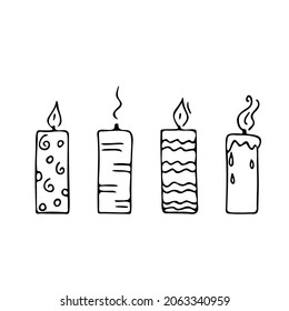Doodle candles set.Decoration for birthday party or romantic dinner for Valentine's Day.Festive hand-drawn collection candlelight with wick and wax.Elements for creating a special atmosphere.Isolated