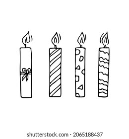 Doodle candles set.Decoration for birthday party or romantic dinner for Valentine's Day.Festive hand-drawn collection candlelight with wick and wax.Elements for creating a special atmosphere.Isolated