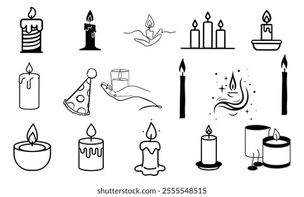 Doodle candles set.Decoration for birthday party or romantic dinner for Valentine's Day.Festive hand-drawn collection candlelight with wick and wax.Elements for creating a special