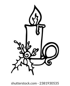 Doodle Kerzenhalter mit einer kurzen, brennenden Kerze mit Weihnachtsdekoration. Einfache Zeilenzeichnung.Trendy doodle Vektorgrafik. Vorgefertigte Logos oder Symbole. Einzeln auf weißem Hintergrund.