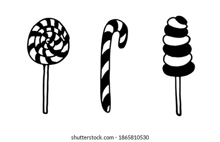 Doodle candy illustration. Hand drawn dessert isolated on white background. Vector festive icon for candy shop poster. Sweet unhealthy food