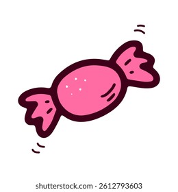 Doodle candy isolated on white background. Hand-drawn cute dessert. Pink festive sweet, chocolate, lollipop. Trick or treat sign. Wrapped caramel. A bonbon wrapper. Vector kawaii food illustration