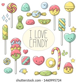 Doodle candy in Kawaii style. Set of cute cartoon characters. Vector collection for stickers, patches, badges, pins. Hand drawn style doodle.