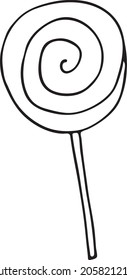 Doodle candy. A lollipop on a stick, twisted in a spiral. Linear art. A twisted candy-lollipop on a stick. Isolated vector illustration