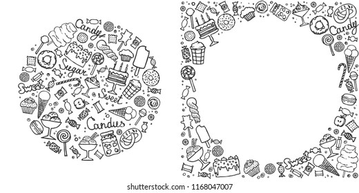 Doodle candy set. Collection of candies, cakes, sweets, ice cream and desserts. Hand drawn background. Vector illustrations.