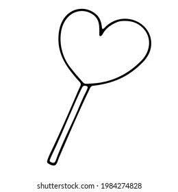 Doodle candy in the shape of a heart. Lollipop isolated on white background. Hand-drawn outline sweet dessert with cream for kids party, Easter, birthday, Valentines Day. Vector ice cream illustration