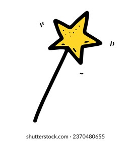 Doodle candy in the shape of a star. Lollipop isolated on white background. Hand-drawn yellow sweet dessert with a stick for kids space party, Christmas, birthday. Vector cute Magic wand illustration