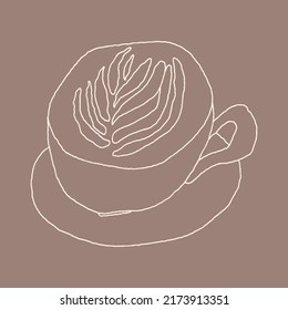 Doodle Cappuccino Cup. Hand Drawn Coffee With Latte Art Line Illustration