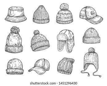 Doodle caps. Knitted winter hats, hand drawn warm cap vector isolated collection. Hat for winter, cap warm drawn illustration